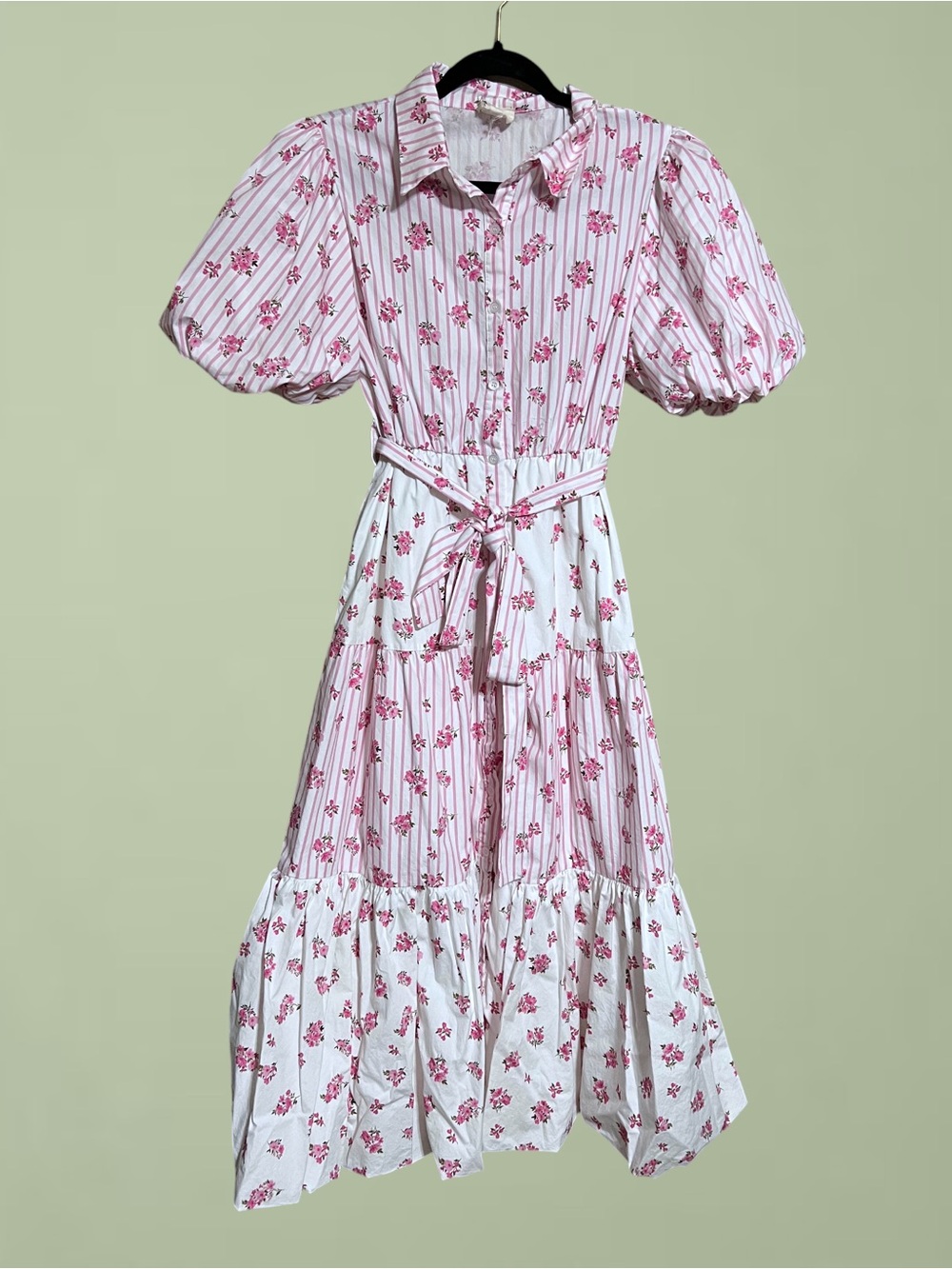Pink & White Floral Tiered Cotton Puff Sleeve Dress Sz Medium - Picture 5 of 12